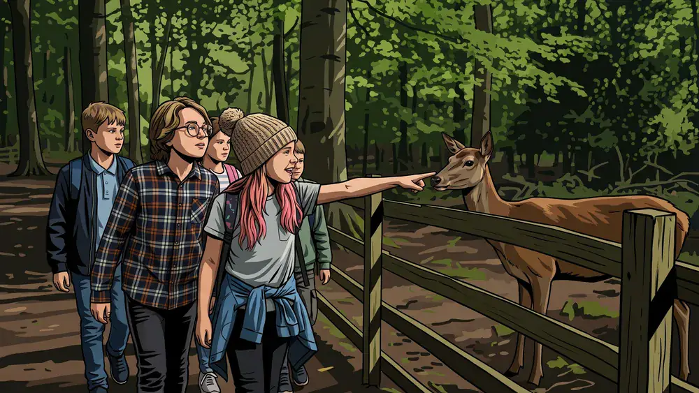 Wildpark Grafenberger Wald in Düsseldorf – Schüler beobachten Wildtiere auf dem Waldweg