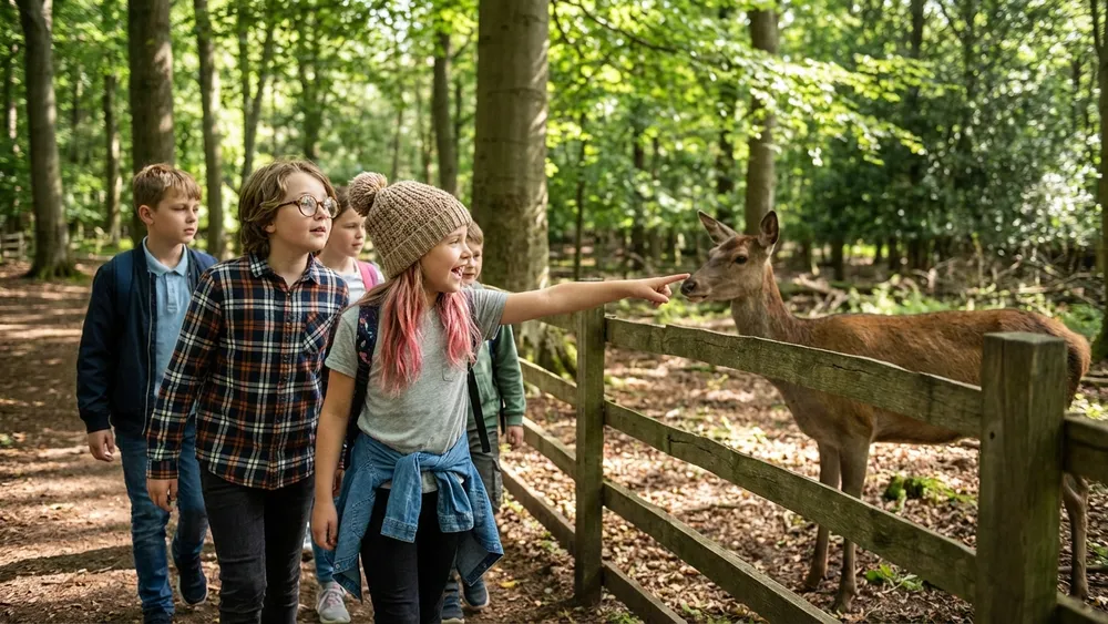 Wildpark Grafenberger Wald in Düsseldorf – Schüler beobachten Wildtiere auf dem Waldweg