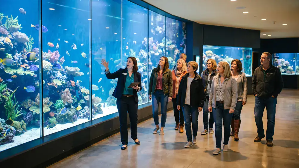 Aquazoo Düsseldorf – Kollegenrunde steht mit Führer:in vor leuchtenden Aquarien im Löbbecke Museum