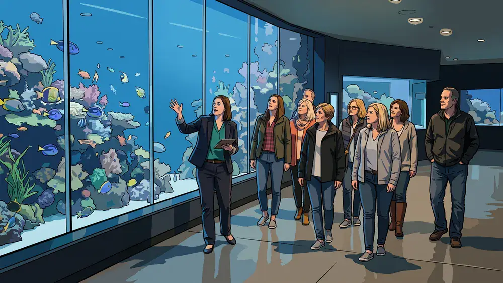 Aquazoo Düsseldorf – Kollegenrunde steht mit Führer:in vor leuchtenden Aquarien im Löbbecke Museum