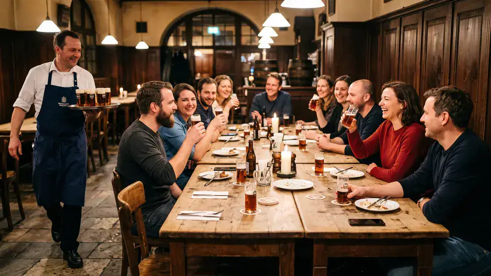 Brauerei Schumacher in Düsseldorf – Kollegen trinken Altbier an langen Tischen in einem traditionellen Brauhaus auf der Oststraße