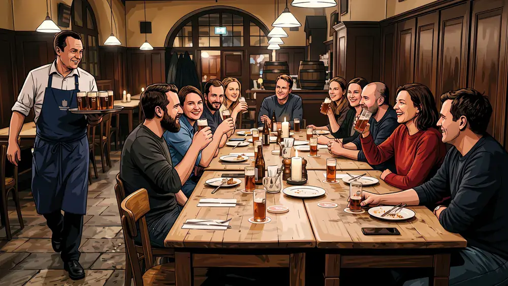 Brauerei Schumacher in Düsseldorf – Kollegen trinken Altbier an langen Tischen in einem traditionellen Brauhaus auf der Oststraße