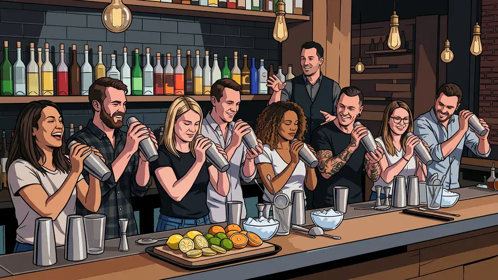 Cocktailkurs in Düsseldorf – Kollegen mixen Cocktails an einer Bar unter Anleitung