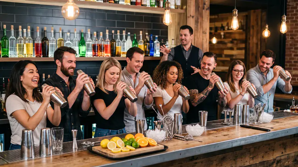 Cocktailkurs in Düsseldorf – Kollegen mixen Cocktails an einer Bar unter Anleitung in der Altstadt
