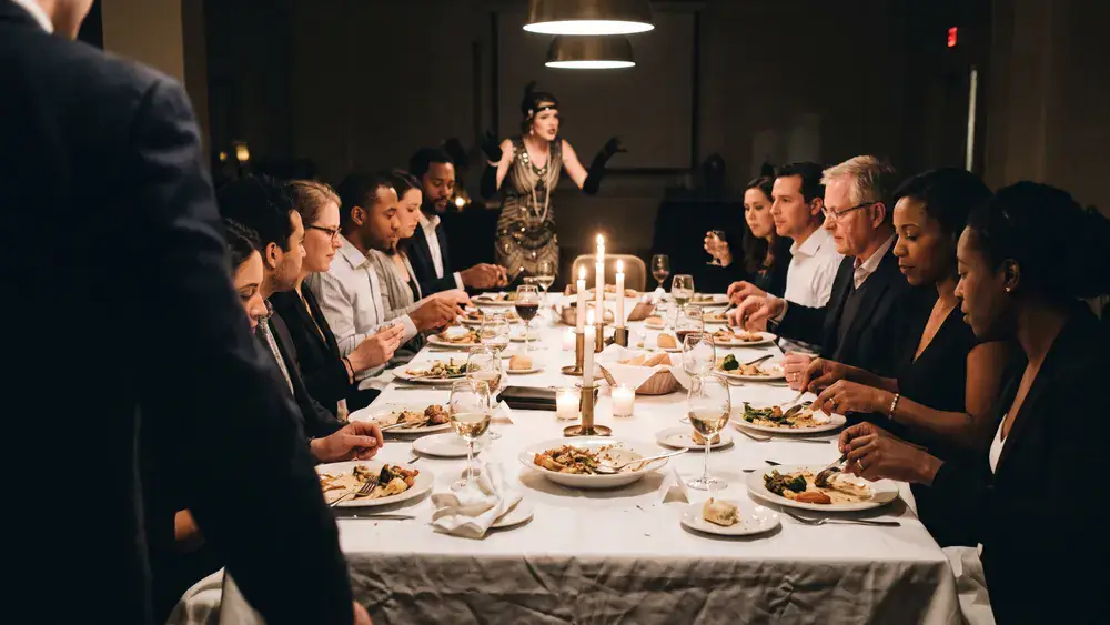 Krimidinner in Düsseldorf – Kollegen verfolgen am festlich gedeckten Tisch ein Schauspiel und lösen einen Mordfall