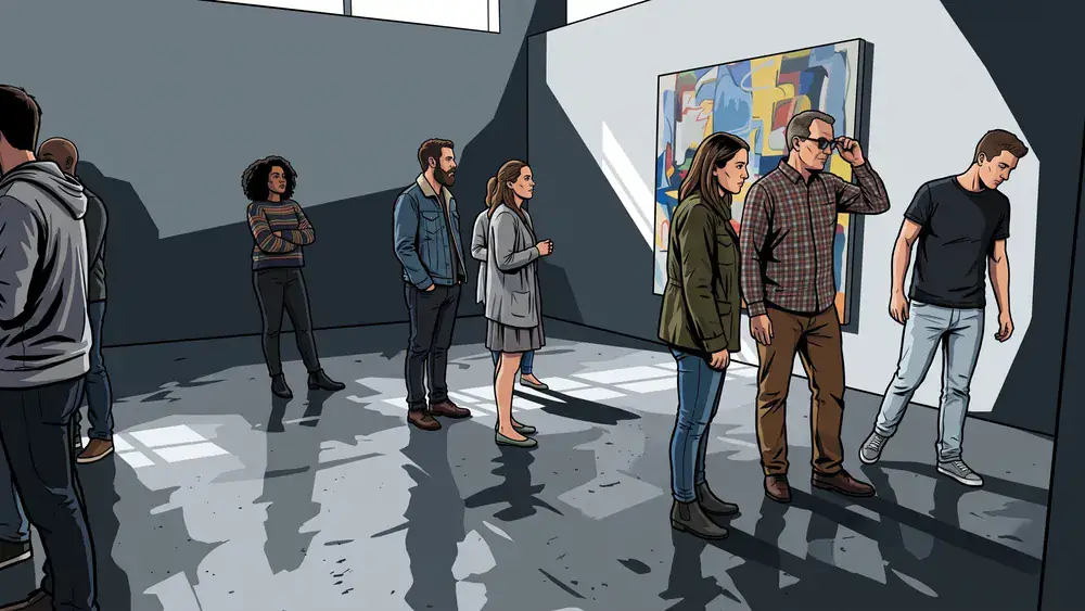 Kunstpalast in Düsseldorf – Kollegenrunde betrachtet Kunst in der hellen Ausstellungshalle am Ehrenhof