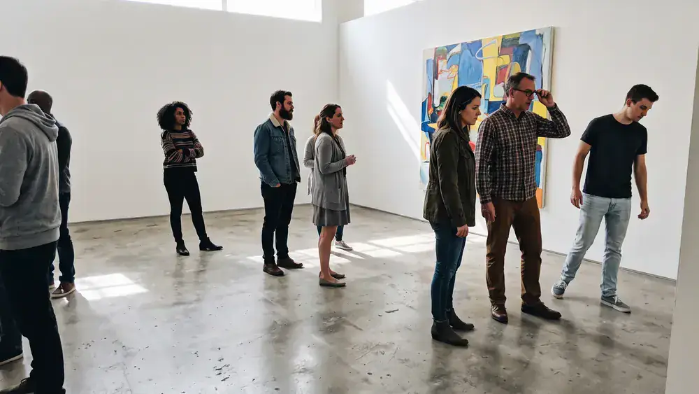 Kunstpalast in Düsseldorf – Kollegenrunde betrachtet Kunst in der hellen Ausstellungshalle am Ehrenhof