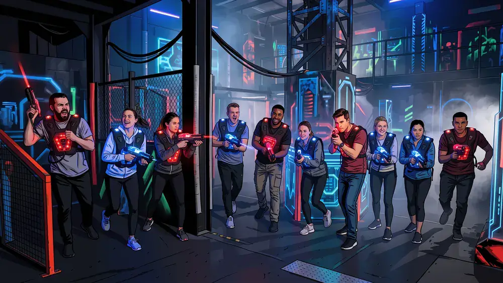 Lasertag in Düsseldorf – Kollegen in taktischen Westen spielen in einer dunklen Neon-Arena