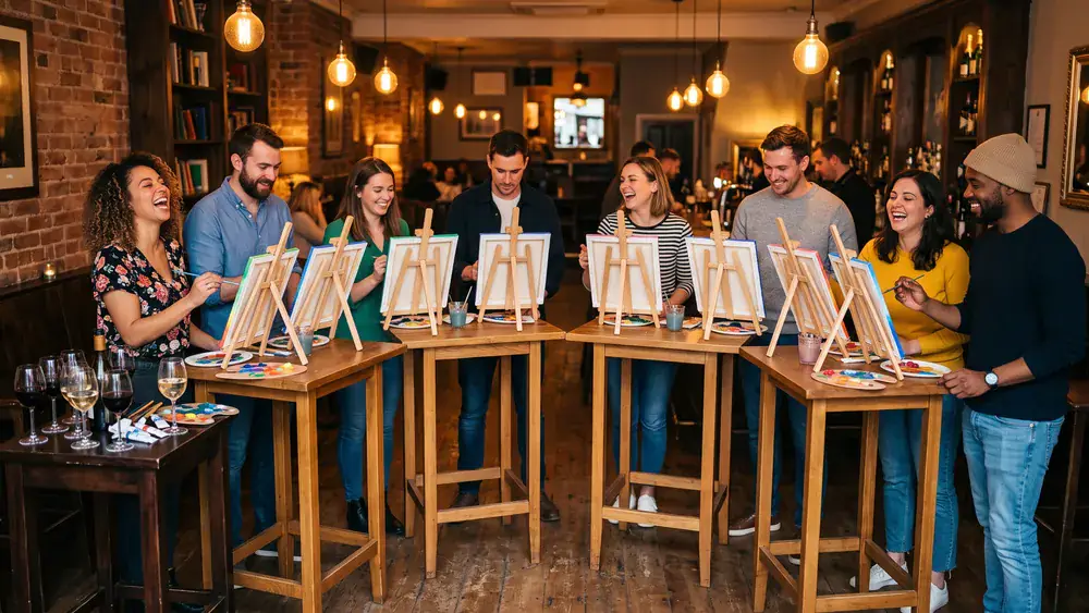 Painting Party in Düsseldorf – Kollegen malen an Staffeleien mit Wein in gemütlicher Bar-Atmosphäre