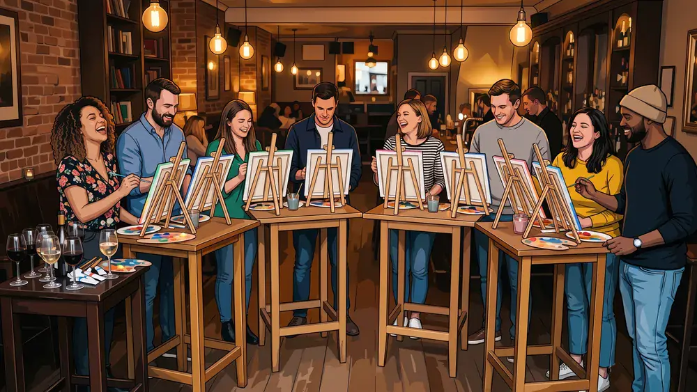 Painting Party in Düsseldorf – Kollegen malen an Staffeleien mit Wein in gemütlicher Bar-Atmosphäre
