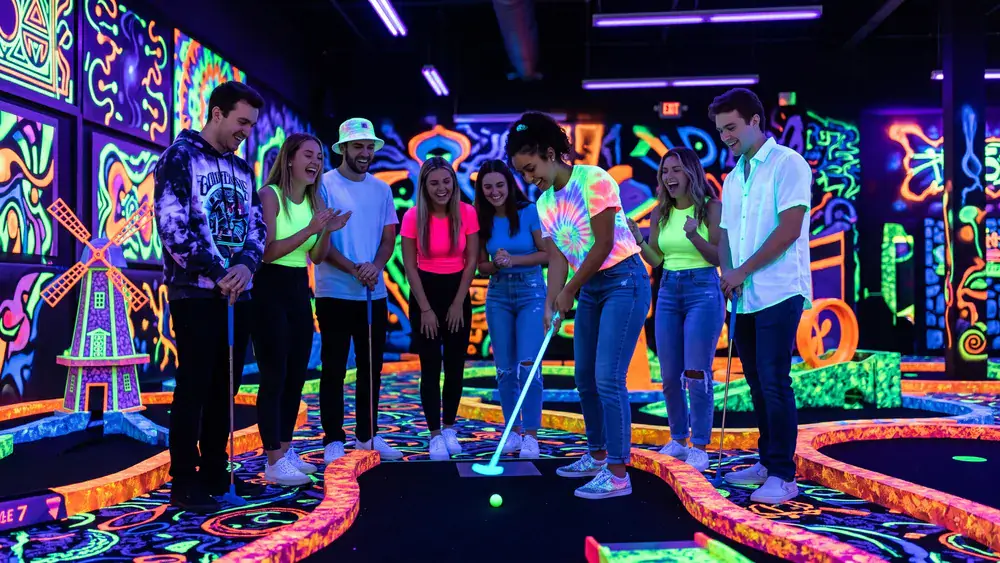 Schwarzlicht Minigolf in Düsseldorf – Kollegen spielen Minigolf in leuchtender Neonwelt in Gerresheim