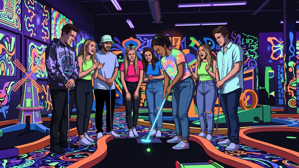 Schwarzlicht Minigolf in Düsseldorf – Kollegen spielen Minigolf in leuchtender Neonwelt
