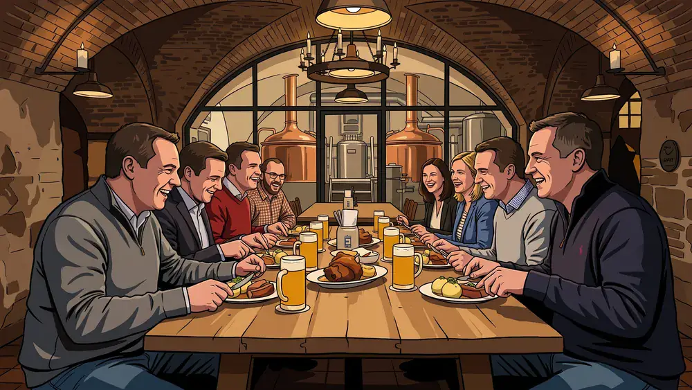 Brauerei Gröninger in Hamburg - Erwachsene sitzen im historischen Brauereikeller bei Bierprobe und Buffet