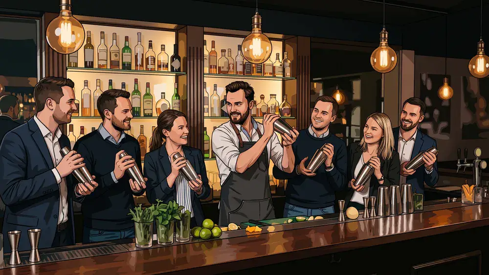Cocktailkurs in Hamburg - Erwachsene mixen Cocktails an einer beleuchteten Bar bei The Rabbithole
