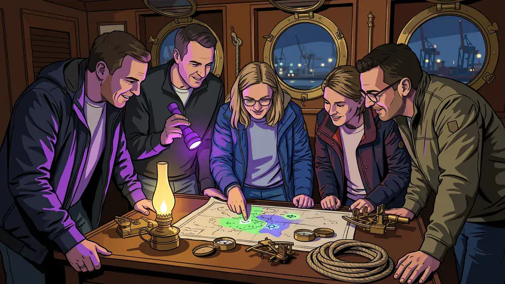 Hidden in Hamburg Escape Room - Erwachsene rätseln an einem alten Schiffskartentisch in einer Kapitänskabine