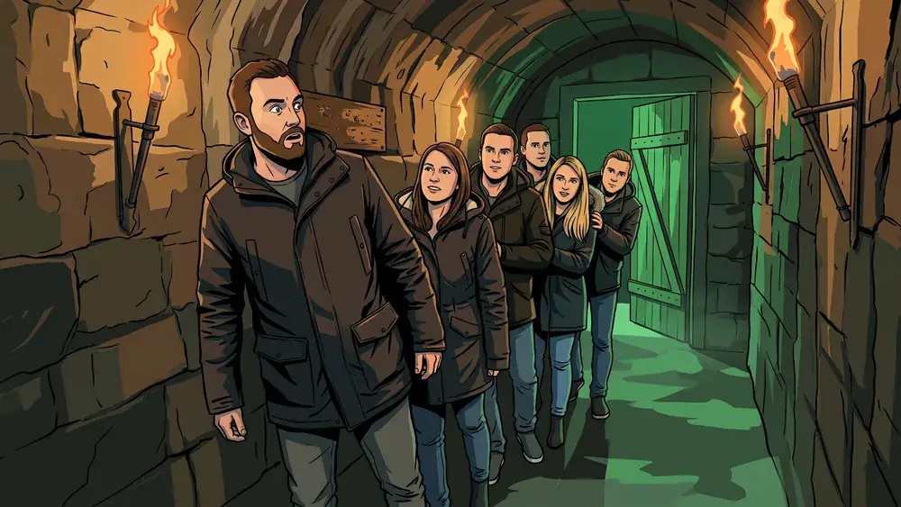 Hamburg Dungeon - Erwachsene in einem dunklen mittelalterlichen Tunnel mit Fackellicht