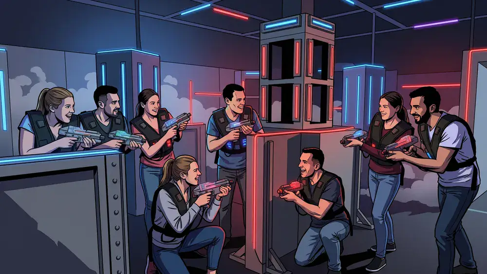 Lasertag in Hamburg - Erwachsene in taktischen Westen spielen in einer dunklen Neon-Arena
