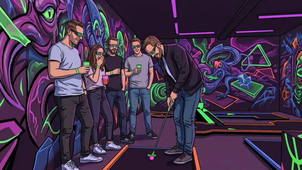 Schwarzlicht-Minigolf in Hamburg - Erwachsene spielen mit 3D-Brillen unter Neonlicht
