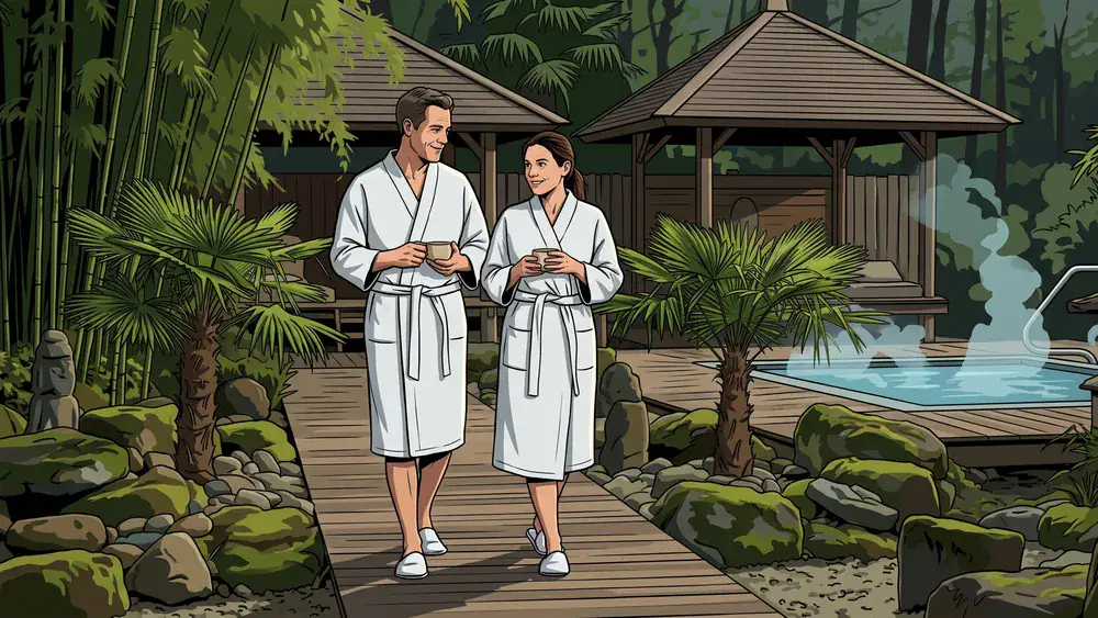 Vabali Spa Hamburg - Zwei Erwachsene im Bademantel auf einem Holzweg durch die Wellness-Oase