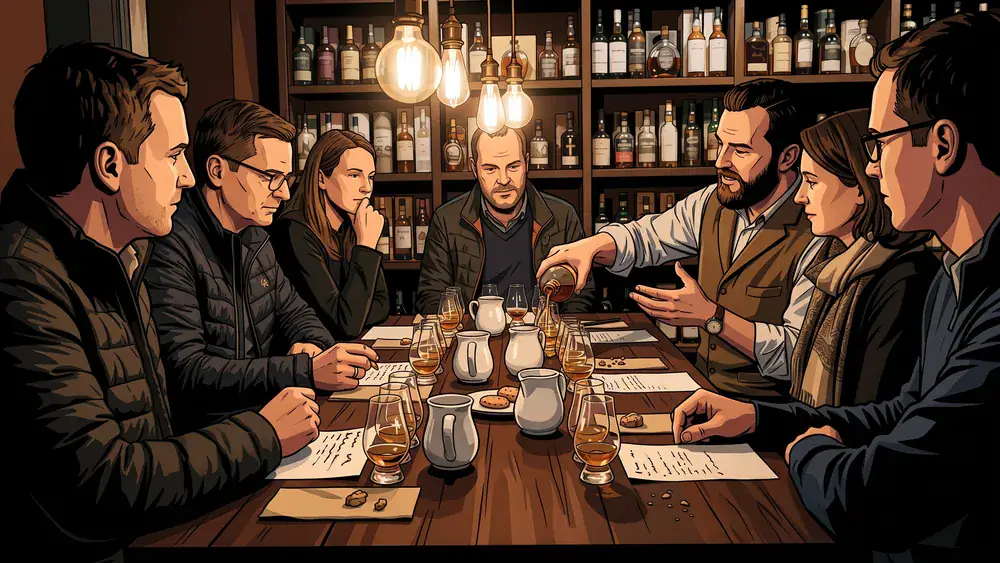 Whisky-Tasting in Hamburg - Erwachsene verkosten an einem Holztisch mehrere Whiskys mit Anleitung