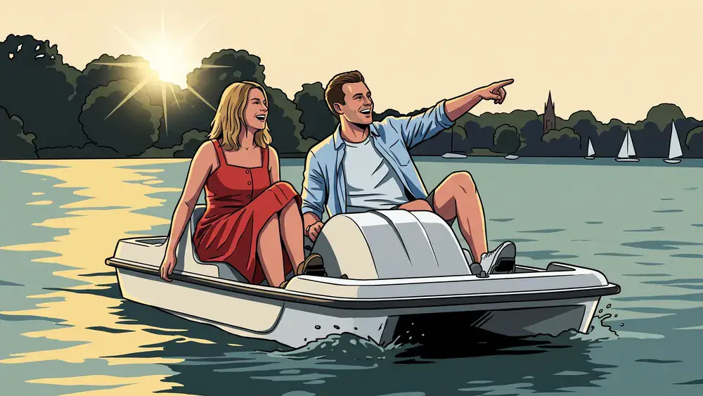 Tretboot auf der Alster in Hamburg – Zwei Personen treten lachend ein weißes Tretboot