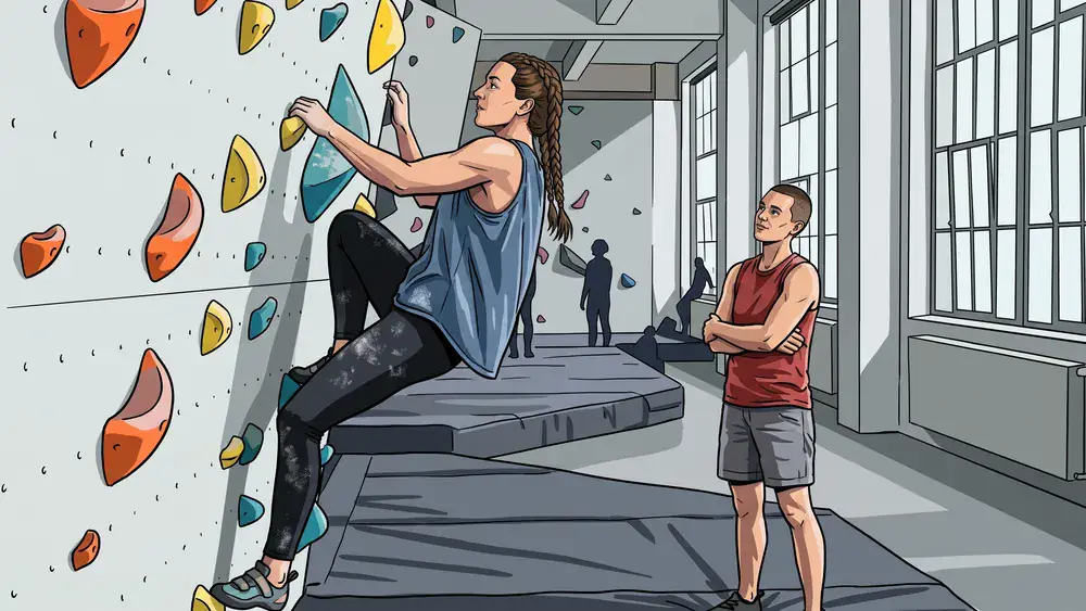 Bouldern in Hamburg – Zwei Personen klettern und sichern an einer farbigen Indoor-Boulderwand