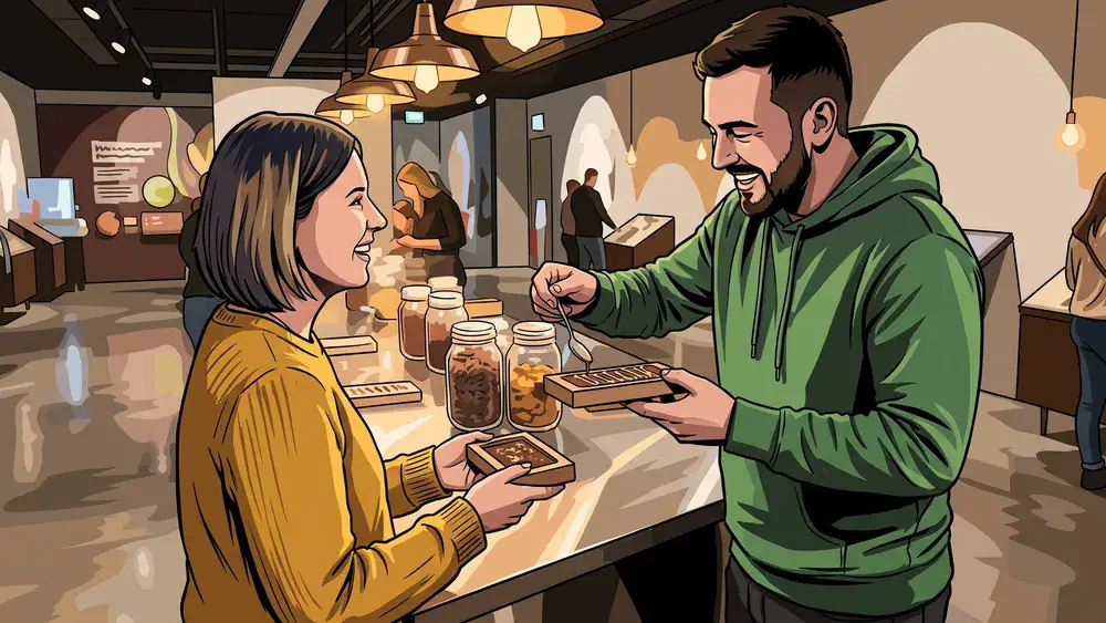 Chocoversum in Hamburg – Zwei Personen gestalten am Temperier-Tisch ihre eigene Schokoladentafel