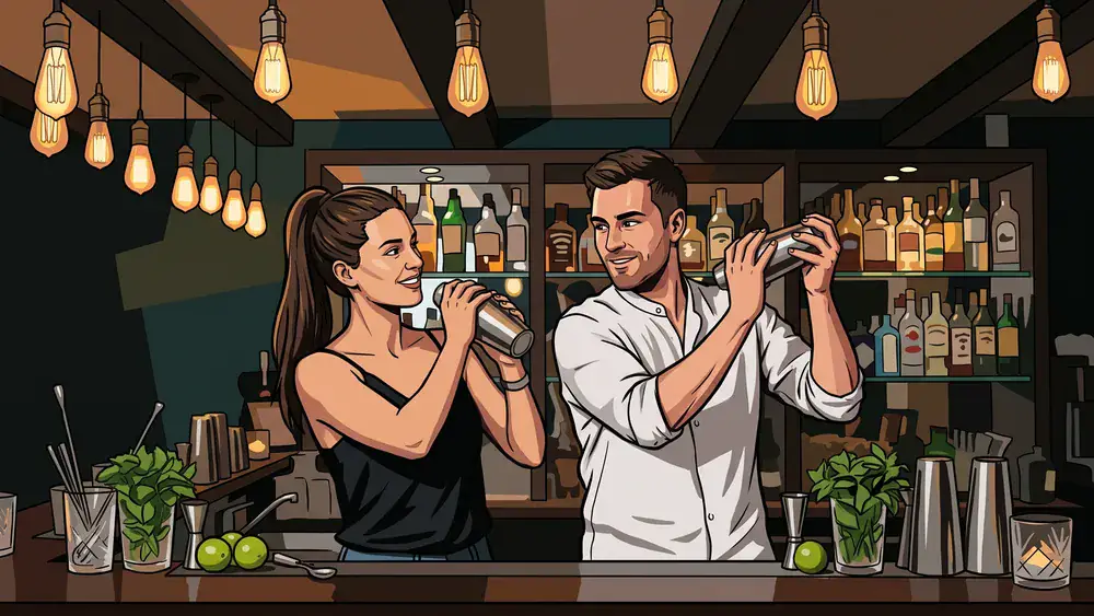 Cocktailkurs in Hamburg – Zwei Personen mixen Cocktails hinter einer beleuchteten Bar
