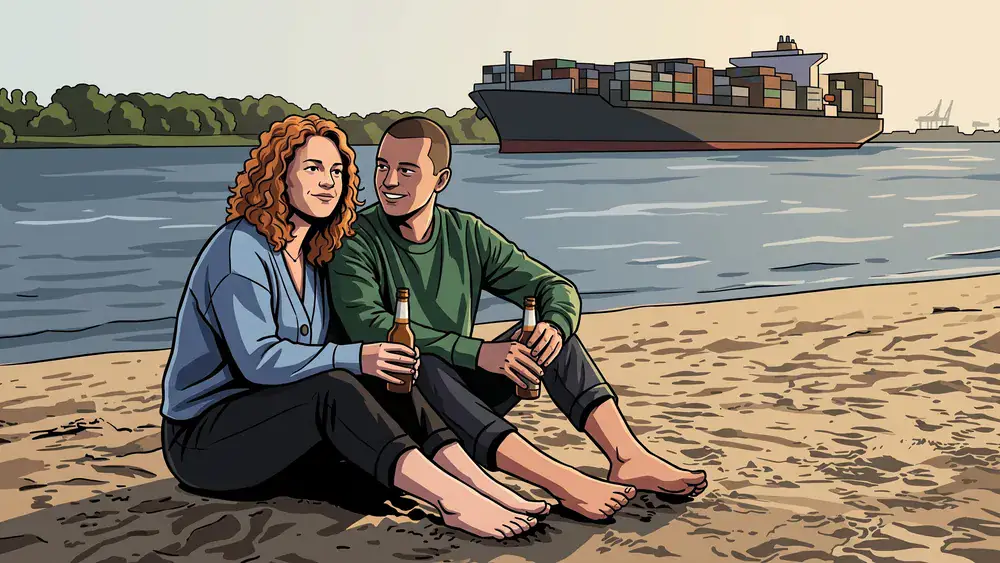 Elbstrand Övelgönne in Hamburg – Zwei Personen sitzen im Sand mit Containerschiff im Hintergrund