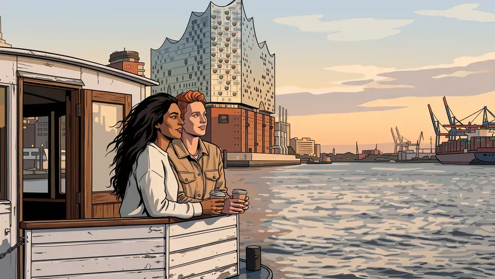 Hafenrundfahrt Hamburg – Zwei Personen auf einer Barkasse mit Elbphilharmonie im Hintergrund