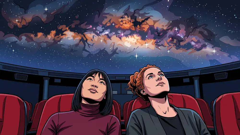 Planetarium Hamburg – Zwei Personen blicken in den Kuppelhimmel mit Sternenprojektion