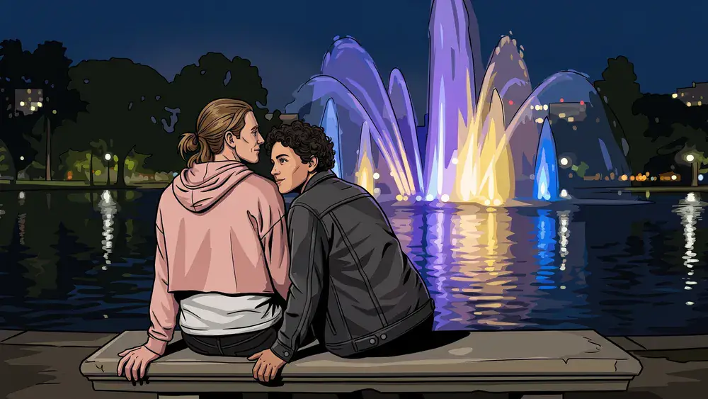Wasserlichtkonzerte in Planten un Blomen Hamburg – Zwei Personen schauen auf farbig beleuchtete Wasserfontänen am Parksee