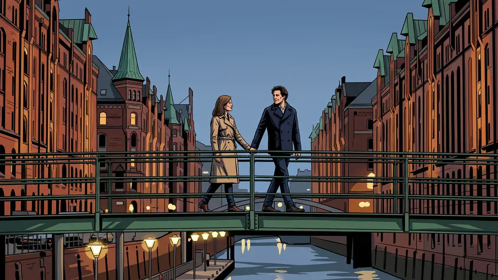 Speicherstadt in Hamburg – Zwei Personen spazieren bei Dämmerung über eine Brücke zwischen den beleuchteten Backsteinspeichern