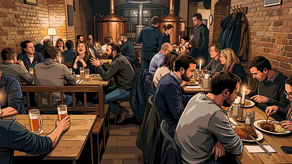 Brauhaus in Hamburg – Kollegen trinken hausgebrautes Bier an langen Tischen vor den Sudkesseln