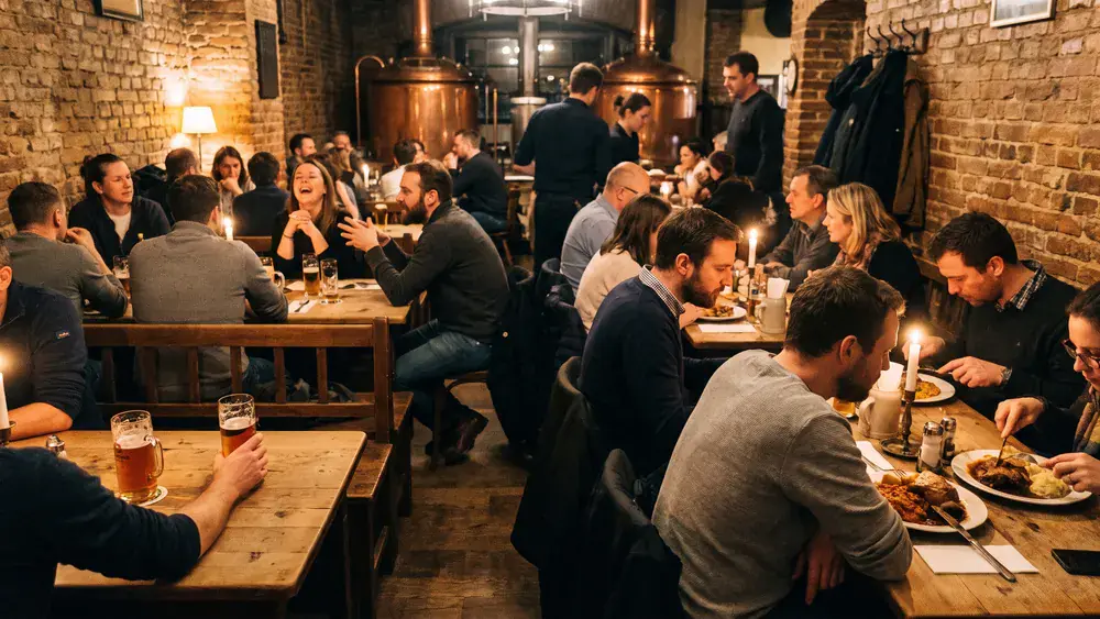Brauhaus in Hamburg – Kollegen trinken hausgebrautes Bier an langen Tischen vor den Sudkesseln in der Neustadt