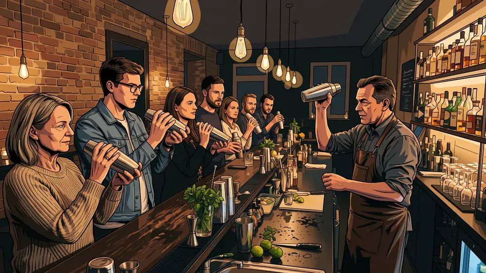 Cocktailkurs in Hamburg – Kollegen mixen Cocktails an einer beleuchteten Bar bei The Rabbithole