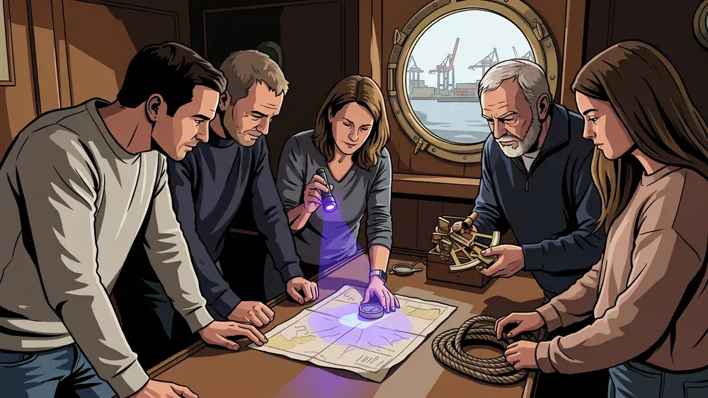 Escape Room in Hamburg – Kollegen rätseln an einem alten Schiffskartentisch in einer Kapitänskabine an Bord der Rickmer Rickmers