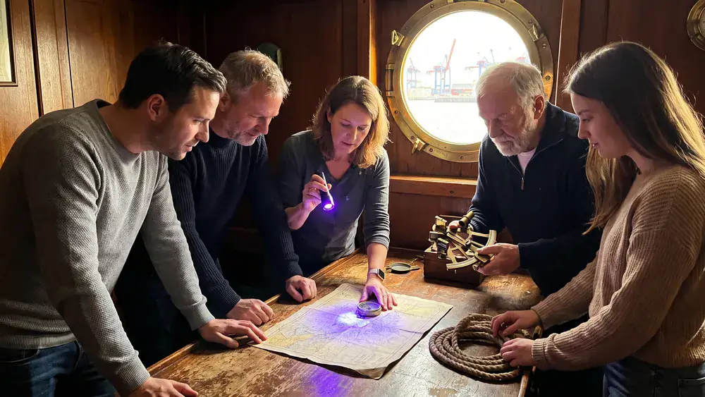 Escape Room in Hamburg – Kollegen rätseln an einem alten Schiffskartentisch in einer Kapitänskabine an Bord der Rickmer Rickmers