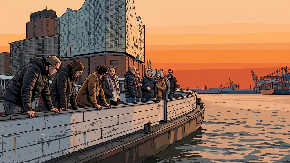 Hafenrundfahrt in Hamburg – Kollegen stehen an Deck einer Barkasse mit Elbphilharmonie im Hintergrund