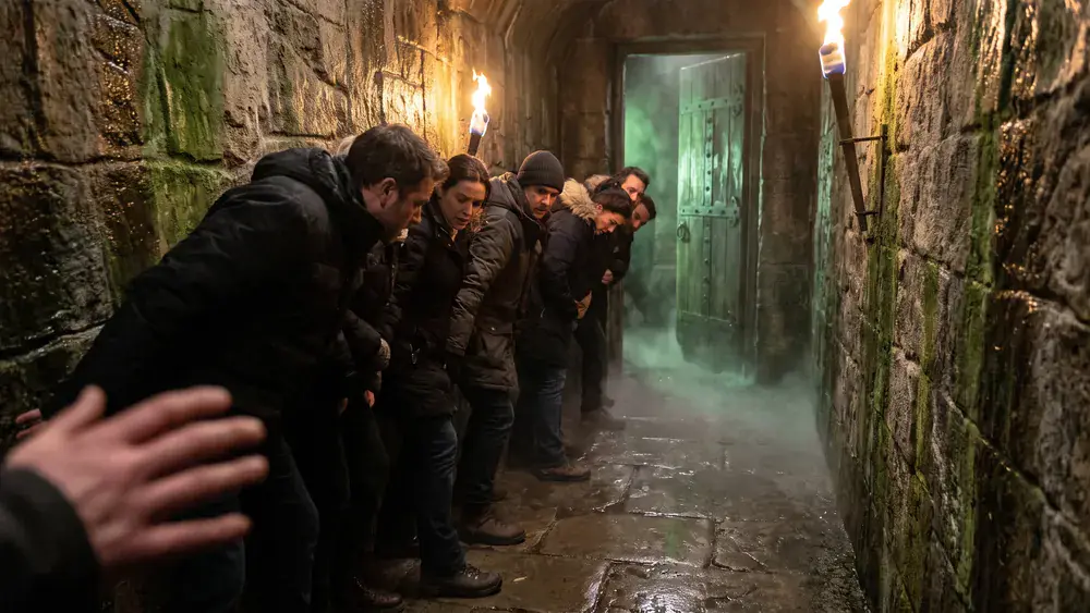 Hamburg Dungeon – Kollegen in einem dunklen mittelalterlichen Tunnel mit Fackellicht in der Speicherstadt