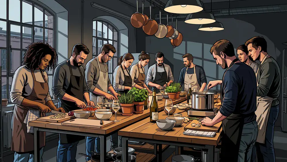 Kochkurs in Hamburg – Kollegen kochen gemeinsam ein Menü in einer hellen Kochschule