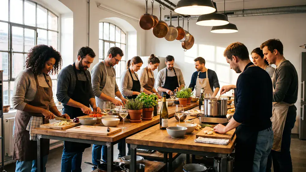 Kochkurs in Hamburg – Kollegen kochen gemeinsam ein Menü in einer hellen Kochschule in Ottensen