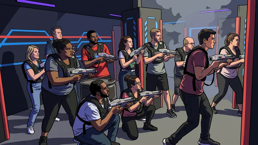 Lasertag in Hamburg – Kollegen mit Sensorwesten spielen in einer dunklen Neon-Arena