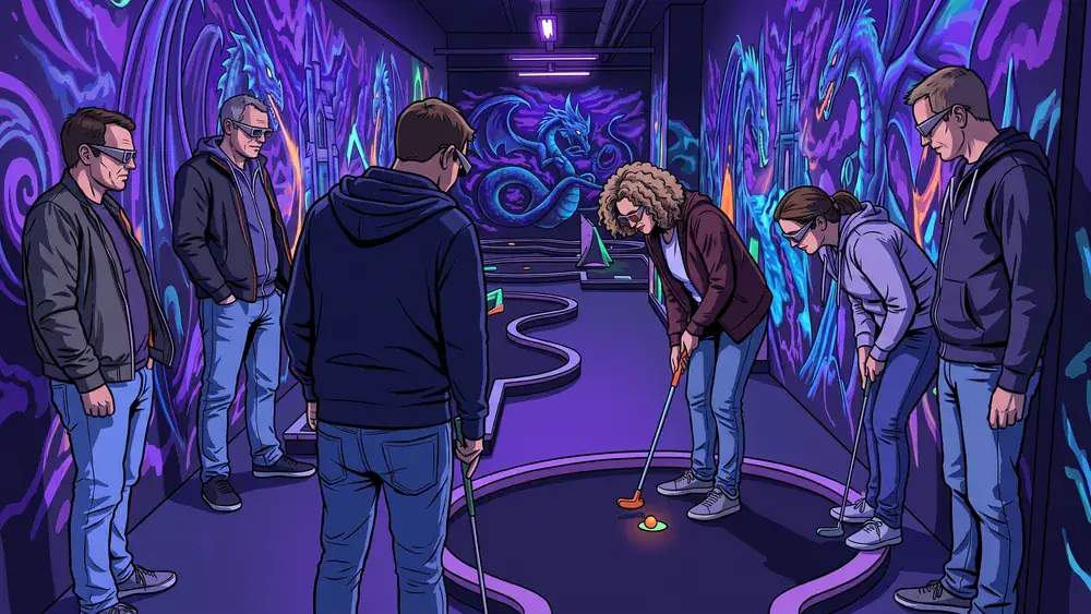 Schwarzlicht-Minigolf in Hamburg – Kollegen spielen mit 3D-Brillen unter Neonlicht