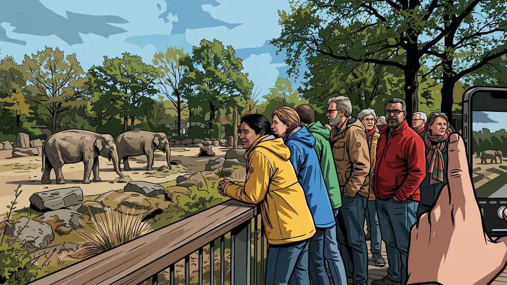 Tierpark Hagenbeck in Hamburg – Kollegen beobachten Elefanten im gitterlosen Gehege