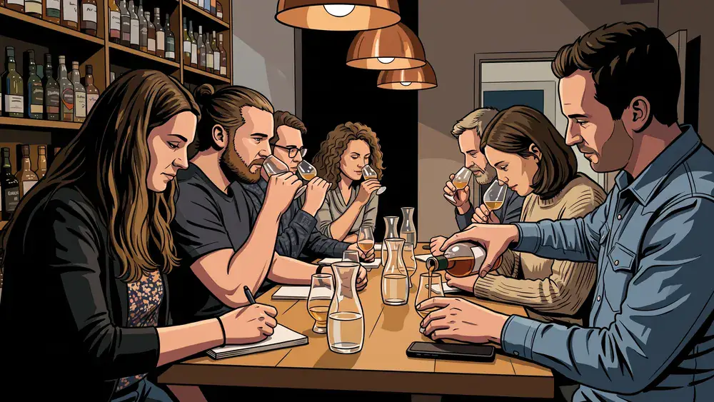 Whisky-Tasting in Hamburg – Kollegen verkosten an einem Holztisch mehrere Whiskys mit Anleitung