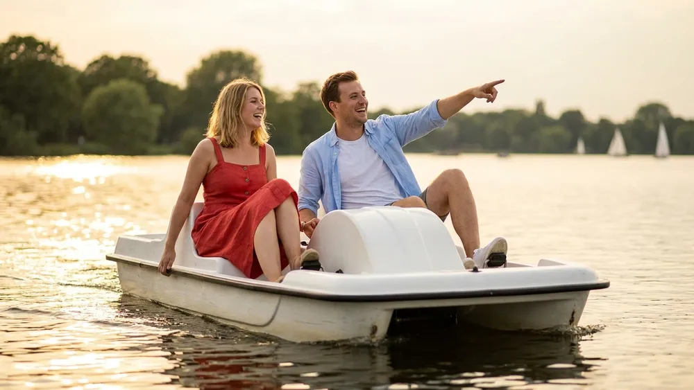 Tretboot auf der Alster in Hamburg – Zwei Personen treten lachend ein weißes Tretboot