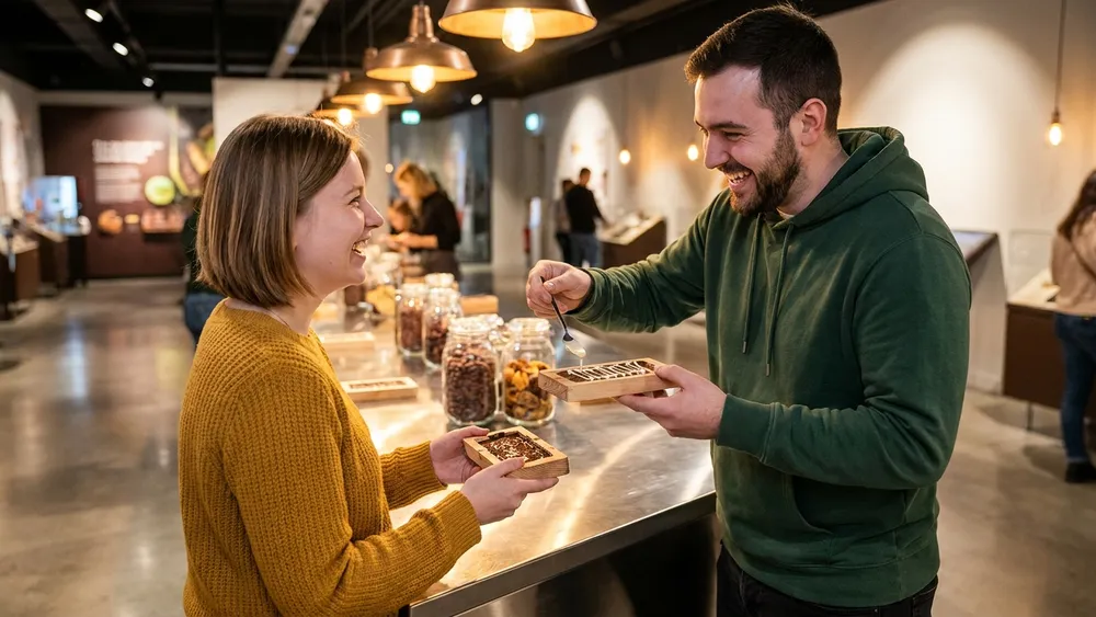 Chocoversum in Hamburg – Zwei Personen gestalten am Tempier-Tisch ihre eigene Schokoladentafel