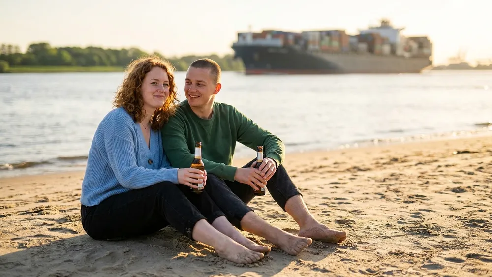 Elbstrand Övelgönne in Hamburg – Zwei Personen sitzen im Sand mit Containerschiff im Hintergrund