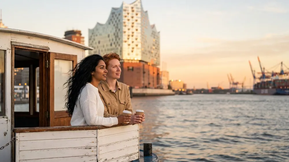 Hafenrundfahrt Hamburg – Zwei Personen auf einer Barkasse mit Elbphilharmonie im Hintergrund